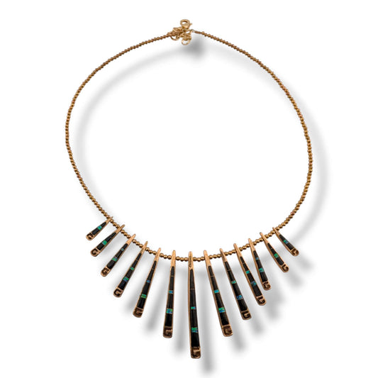 Bronze Inlay Fan Fringe Reversible Necklace and Earrings Set - Black Onyx & Multi-Stone