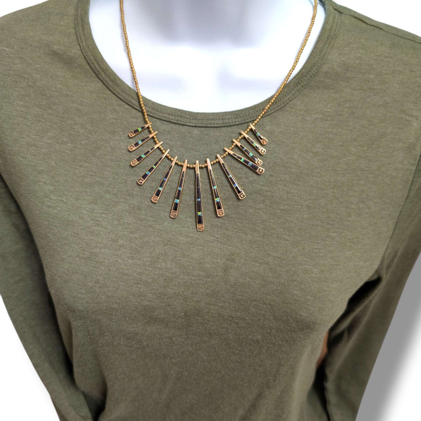 Bronze Inlay Fan Fringe Reversible Necklace and Earrings Set - Black Onyx & Multi-Stone