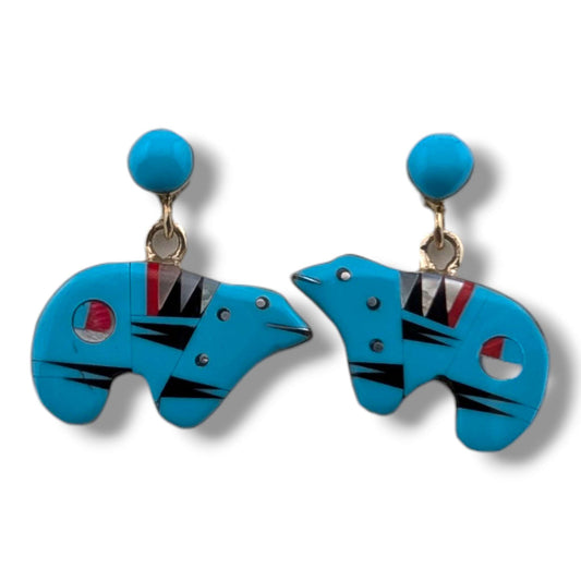Sterling Silver Inlay Sunface Bear Dangle Post Earrings