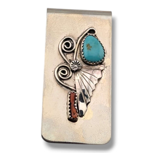 Navajo Handmade Vintage Sterling Silver Turquoise and Coral Money Clip - SunWest Treasures