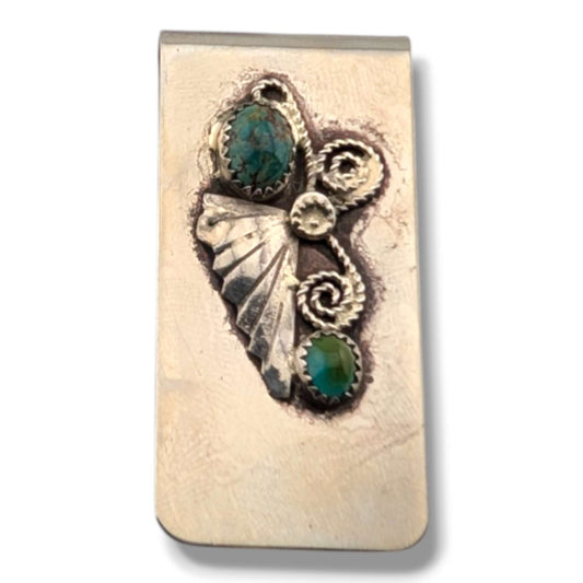 Navajo Handmade Vintage Sterling Silver Double Turquoise Money Clip
