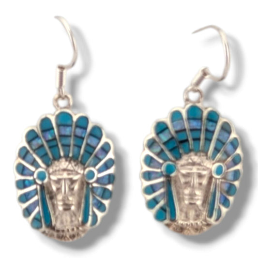 Sterling Silver Inlay Chief Head Hook Dangle Earrings