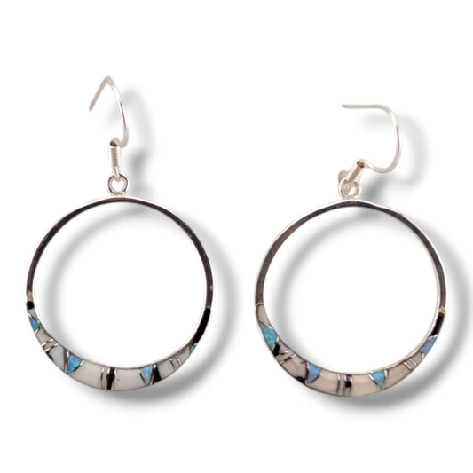 Sterling Silver Inlay Round Hollow Circle Hook Earrings