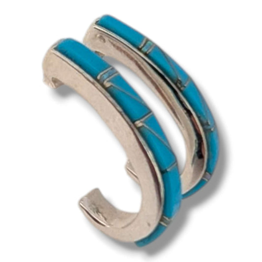 Sterling Silver Inlay Fish Hook Hoop Post Earrings