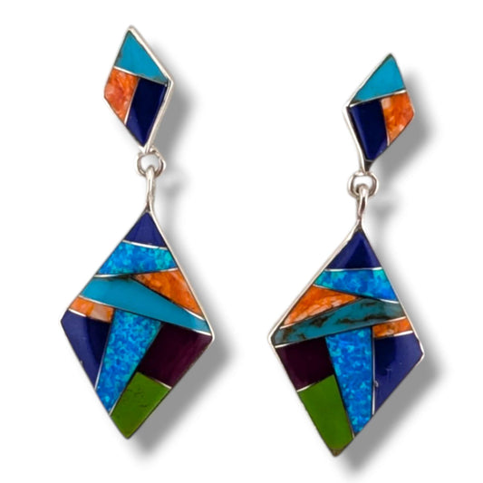 Sterling Silver Inlay Diamond Shape Post Dangle Earrings - SunWest Treasures