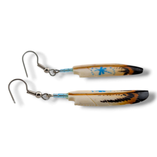 Hand-Carved Feather Dangle Earrings with Dragonfly Design