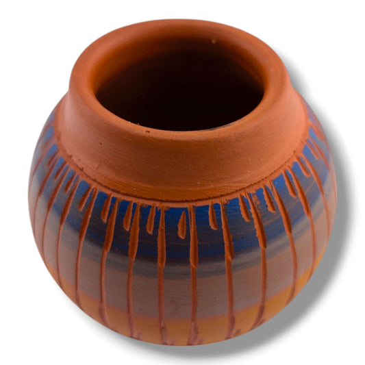 Navajo Etched Blue Gray and Amber Rain Line Round Jar by Ben Billy