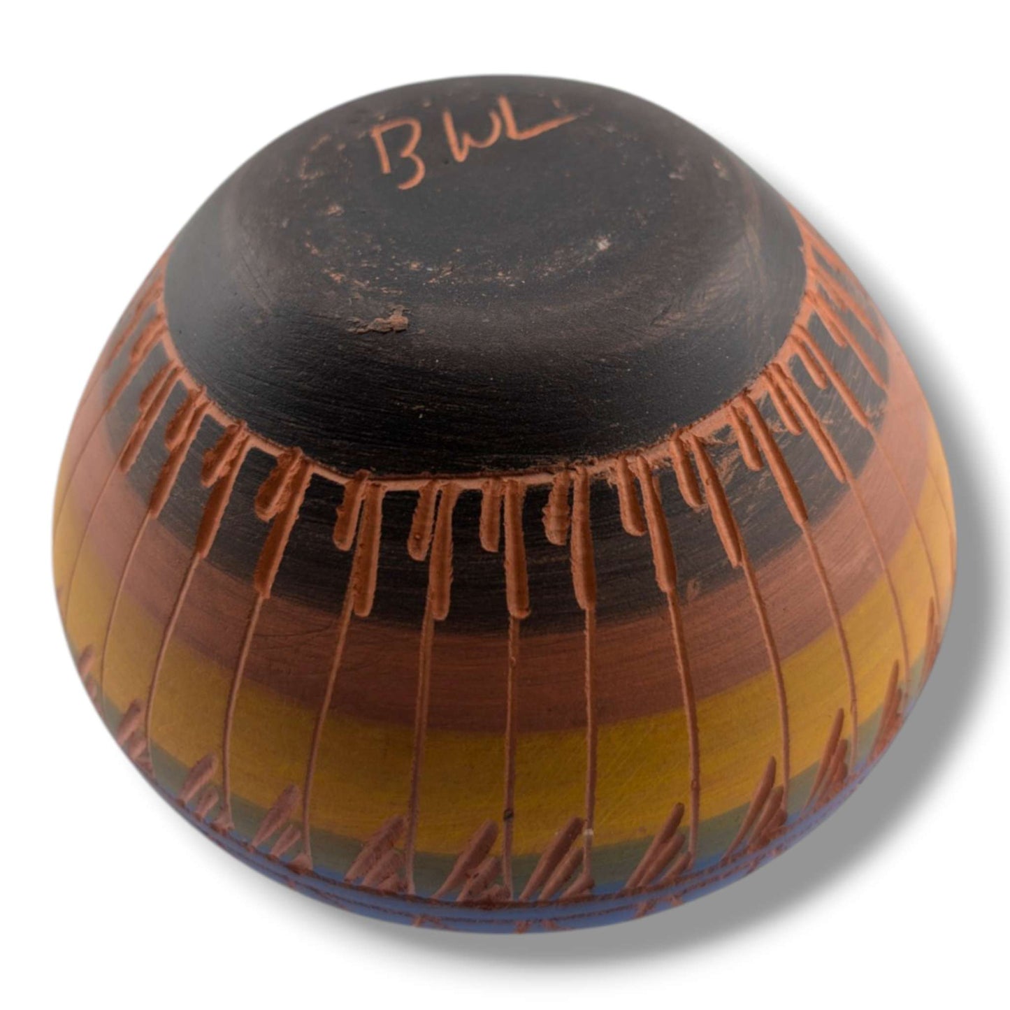 Navajo Etched Blue Amber and Black Geometric Rain Line Bowl by Ben Billy - SunWest Treasures