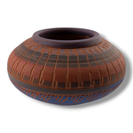 Navajo Etched Blue and Terracotta Disc Seed Jar by Ben Billy