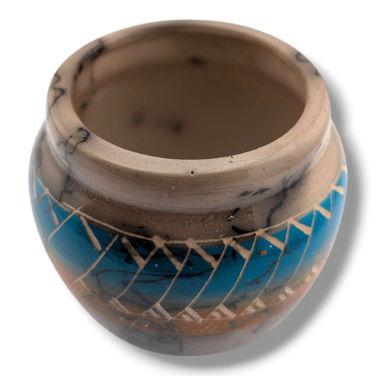 Navajo Horse Hair Blue and Amber Crosshatch Band Jar by Ben Billy - SunWest Treasures