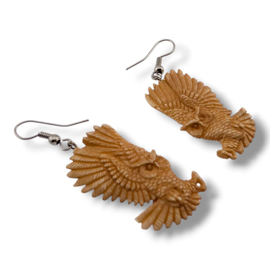 Hand-Carved Flying Owl Hook Dangle Earrings - SunWest Treasures