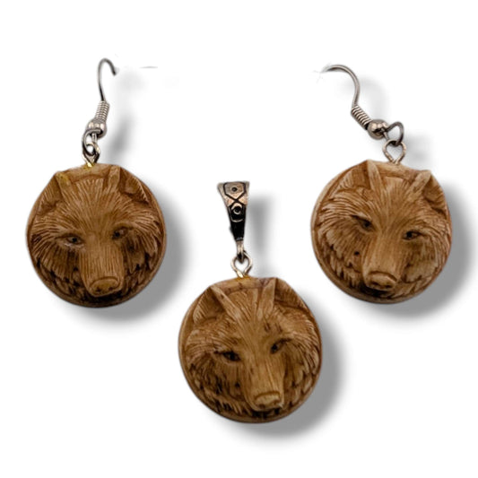 Hand-Carved Wildlife and Chief Round Medallion Earring and Pendant Set