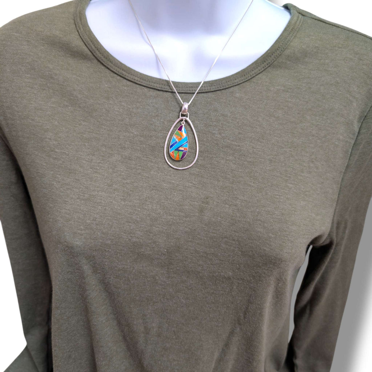 Sterling Silver Inlay Opal Hollow Teardrop Pendant - SunWest Treasures