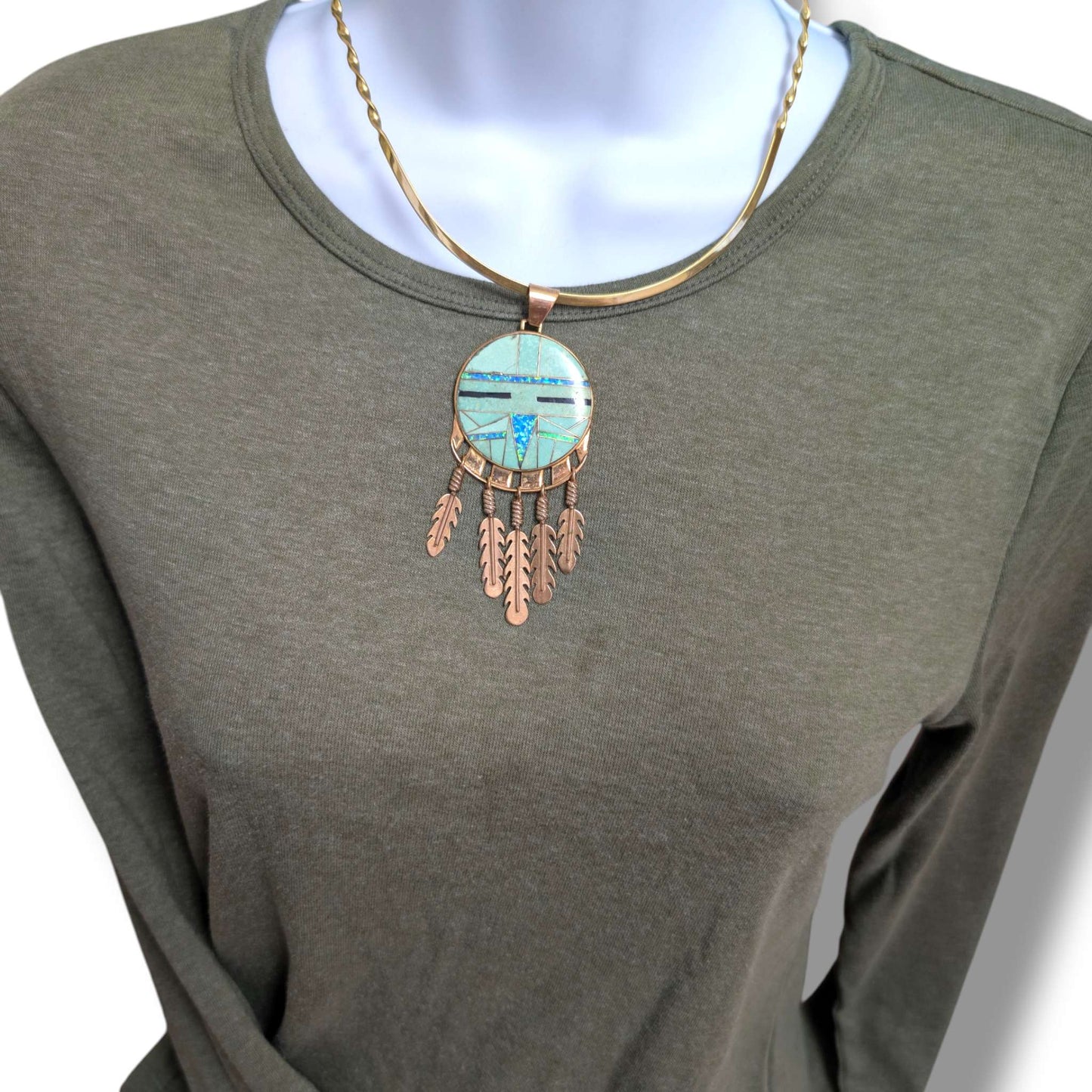 Bronze Inlay Opal Sunface Pendant with Feathers by OP - SunWest Treasures