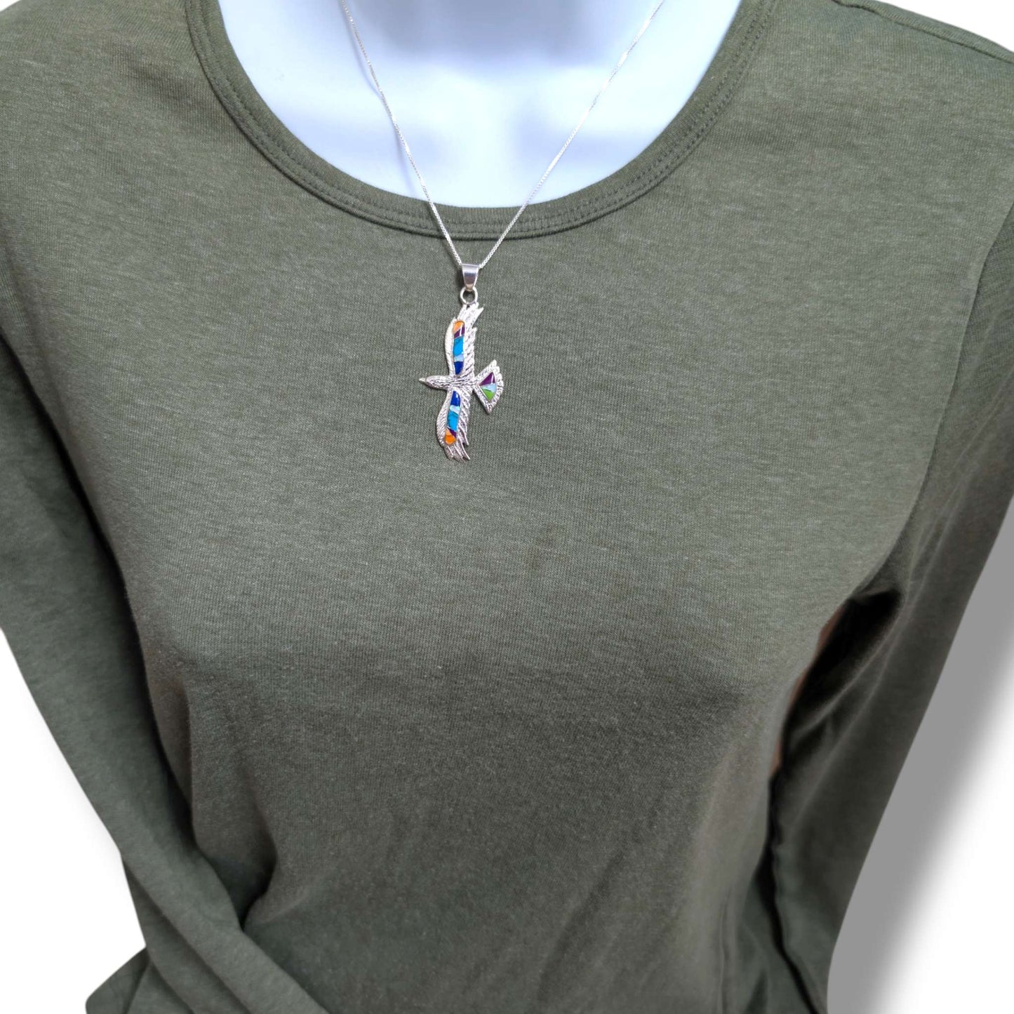 Sterling Silver Multi-Stone Inlay Thunderbird Pendant - SunWest Treasures