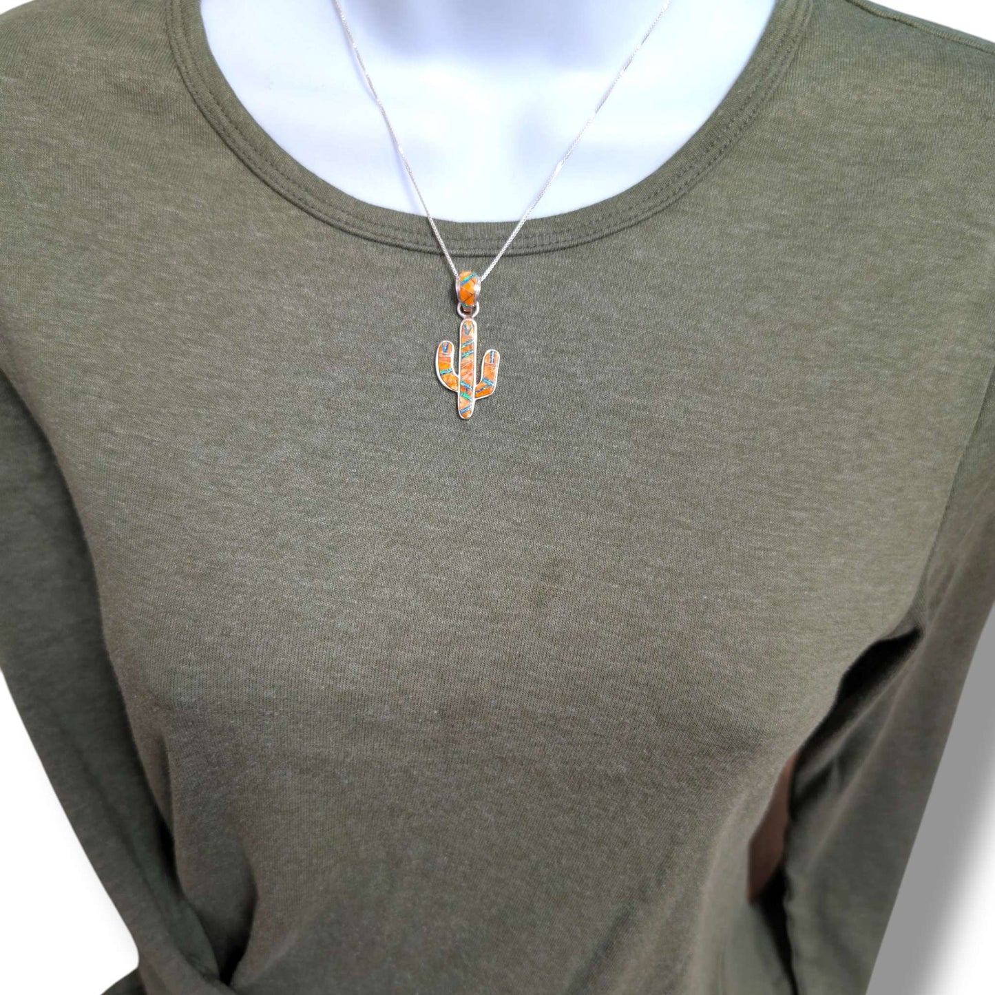 Sterling Silver Inlay Opal Saguaro Cactus Pendant - SunWest Treasures
