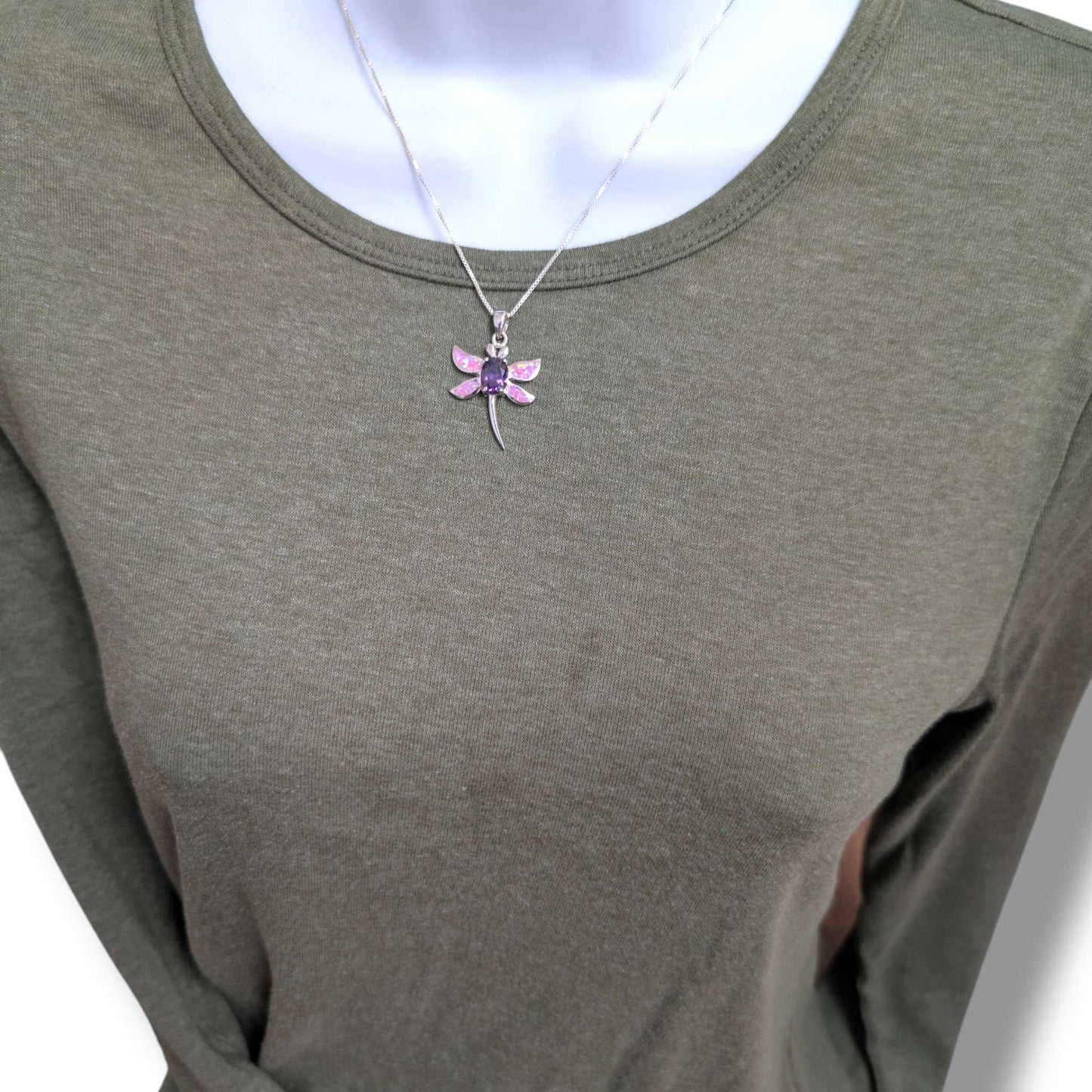 Sterling Silver Opal Dragonfly Pendant with Amethyst or Blue Topaz