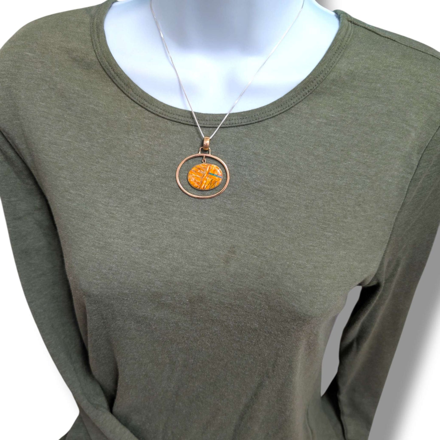 Bronze Geometric Inlay Oval Hoop Pendant