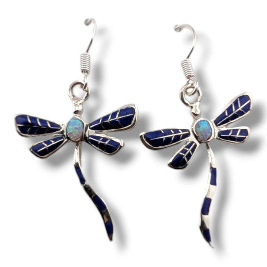 Sterling Silver Dragonfly Inlay Stone With Opal Hook Earrings