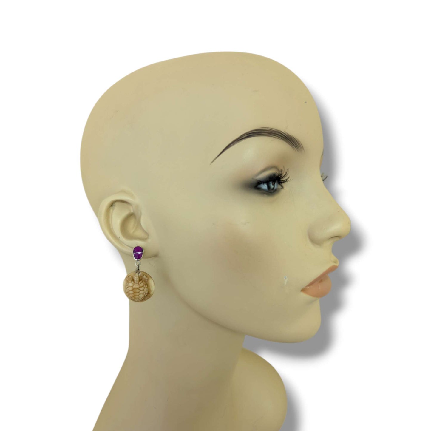 Hand-Carved Turtle Round Disc Dangle Earrings with Sugilite Sterling Silver Stud