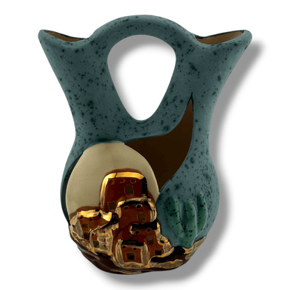 Luna Small Southwest Pueblo Wedding Vase Teal Speckled Glaze with Gold Filled Detail - SunWest Treasures