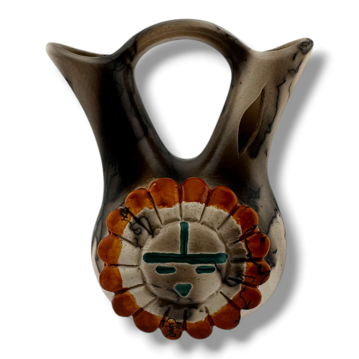 Navajo Small Horsehair Wedding Vase with Sunface Kachina by Bryan & Molly Goldtooth - SunWest Treasures