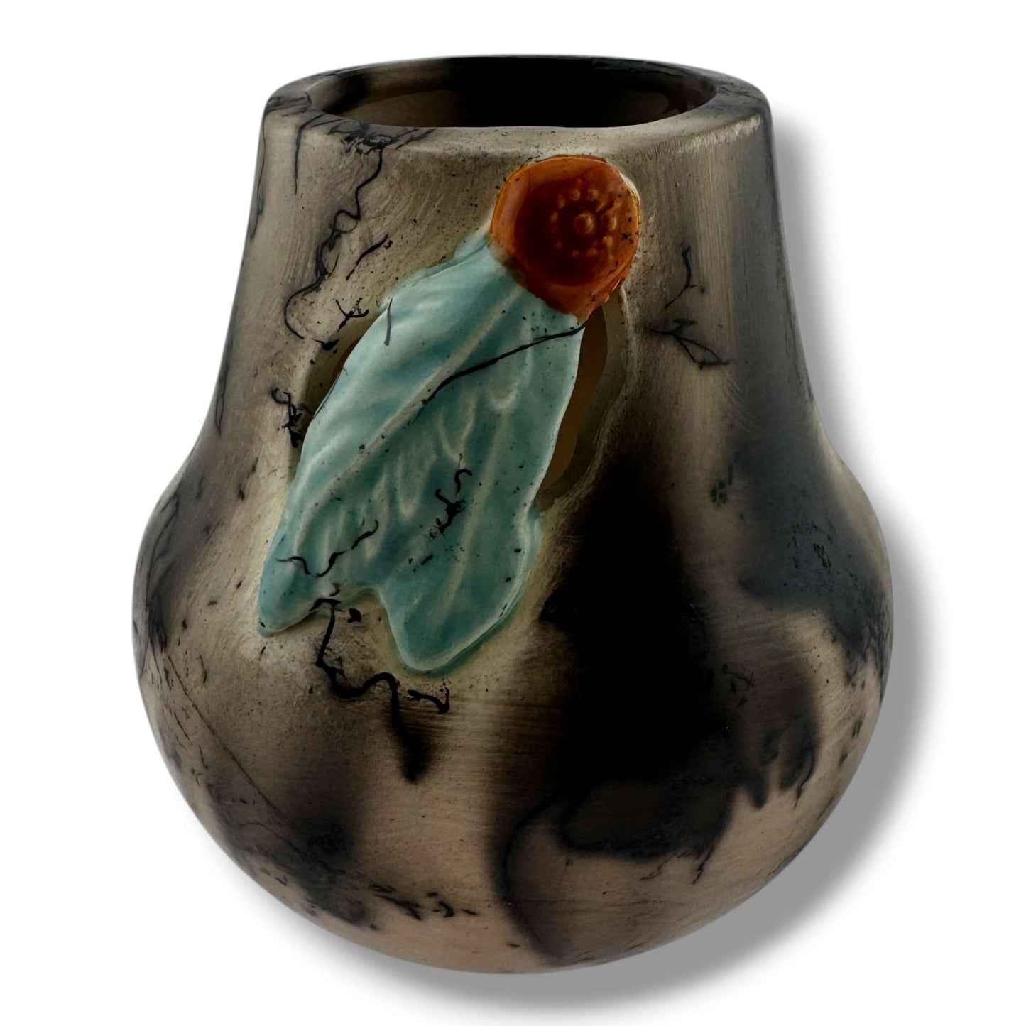 Handmade Horsehair Pottery Vase with Sculpted Leaf Detail By Luna - SunWest Treasures