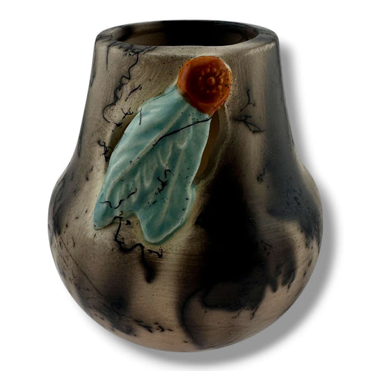 Handmade Horsehair Pottery Vase with Sculpted Leaf Detail By Luna - SunWest Treasures