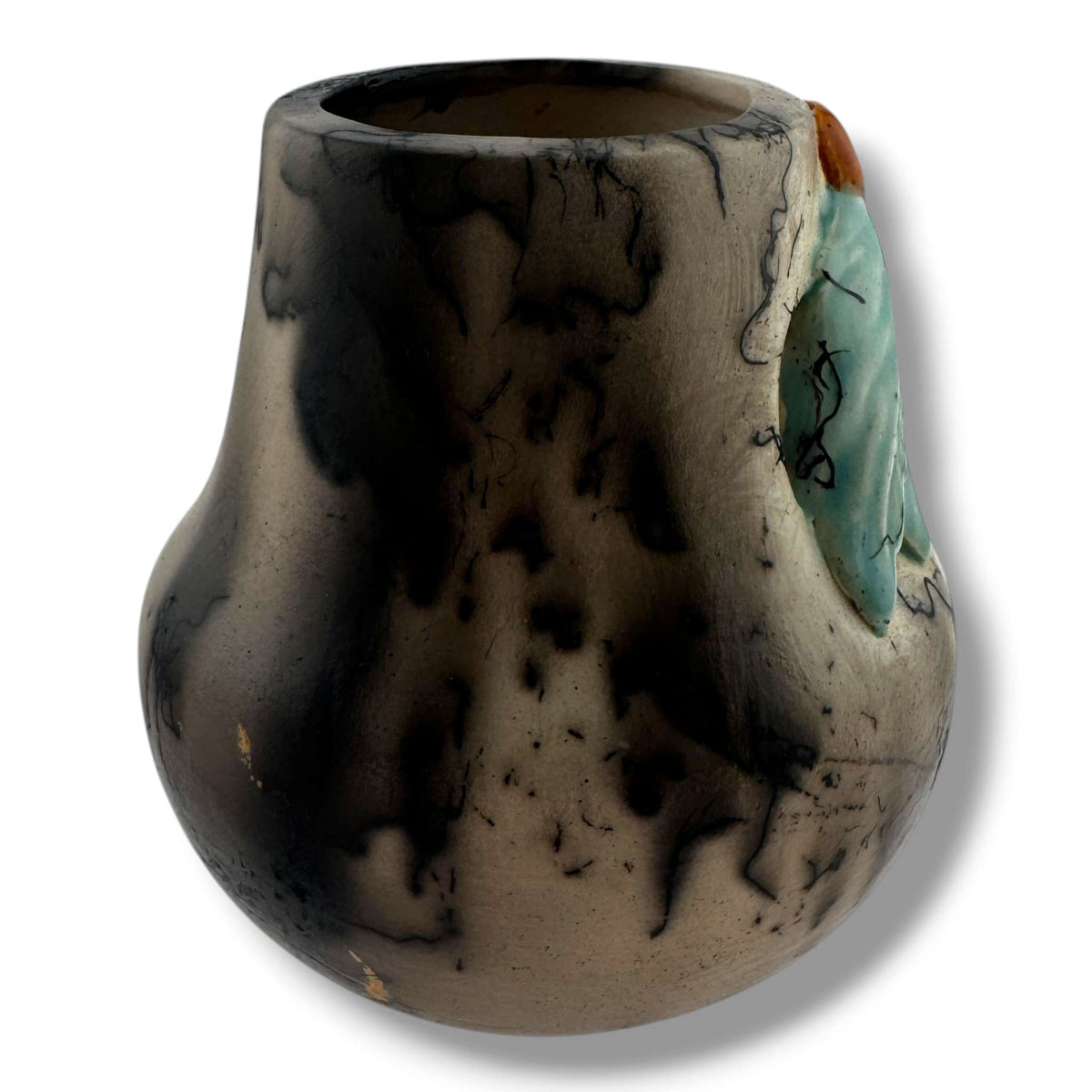 Handmade Horsehair Pottery Vase with Sculpted Leaf Detail By Luna - SunWest Treasures