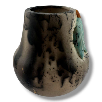 Handmade Horsehair Pottery Vase with Sculpted Leaf Detail By Luna - SunWest Treasures