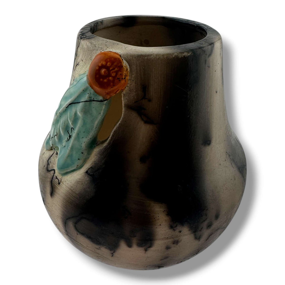 Handmade Horsehair Pottery Vase with Sculpted Leaf Detail By Luna - SunWest Treasures