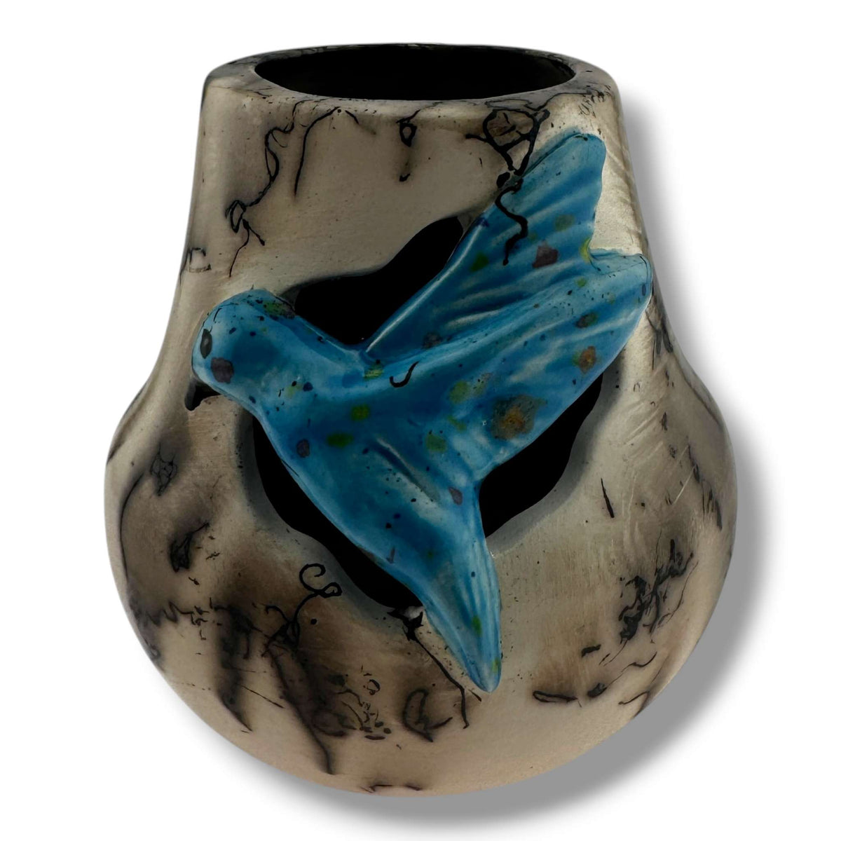 By Luna Handmade Horsehair Pottery Vase with Sculpted Blue Hummingbird - SunWest Treasures