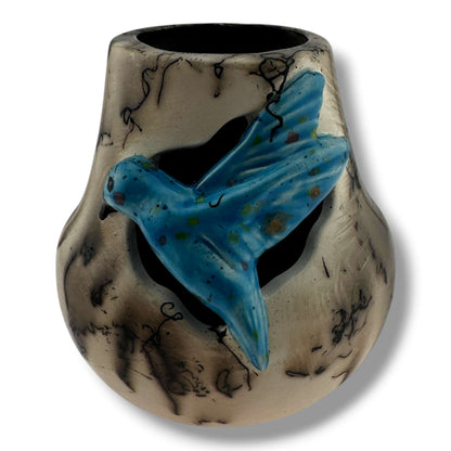 By Luna Handmade Horsehair Pottery Vase with Sculpted Blue Hummingbird - SunWest Treasures