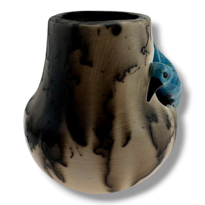 By Luna Handmade Horsehair Pottery Vase with Sculpted Blue Hummingbird - SunWest Treasures