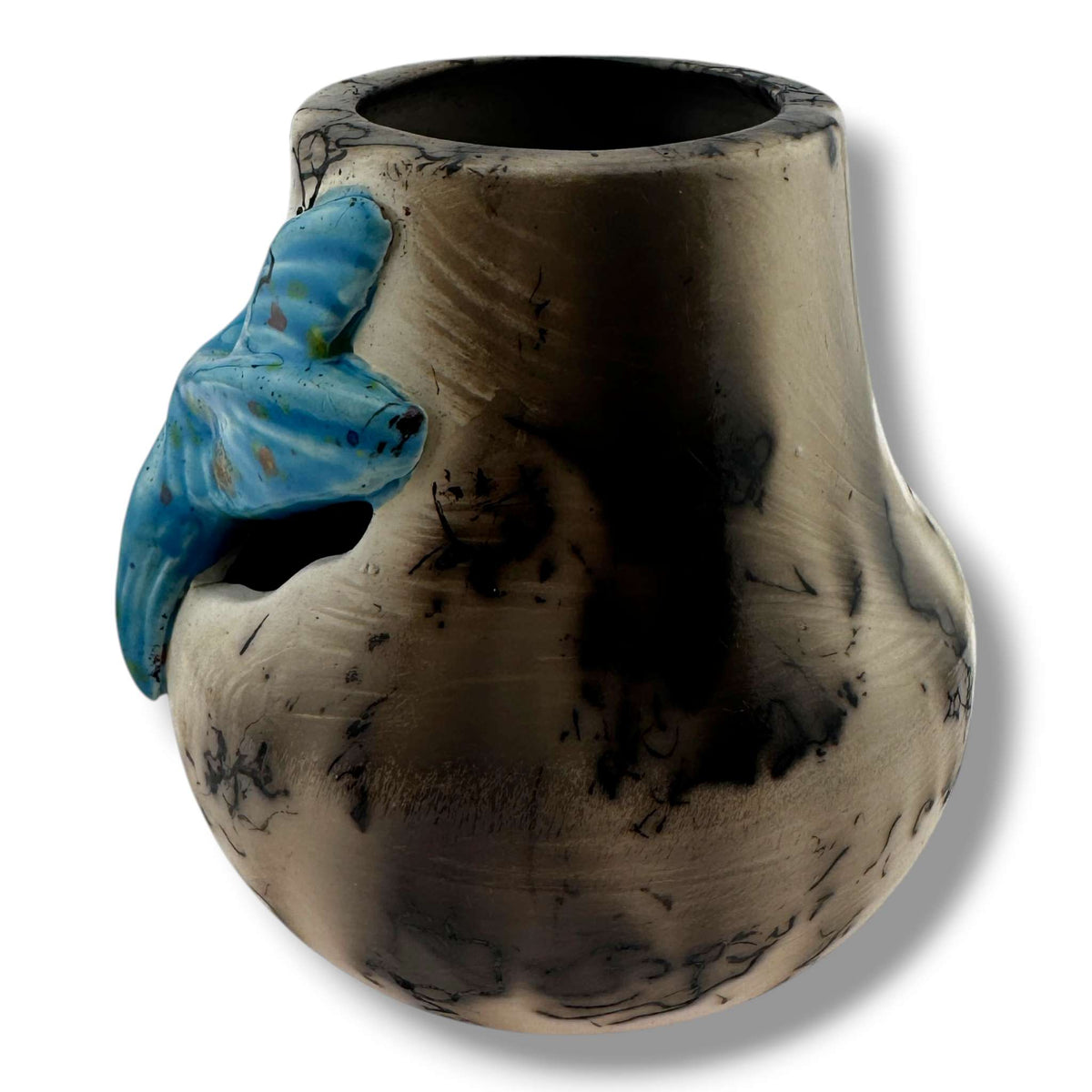 By Luna Handmade Horsehair Pottery Vase with Sculpted Blue Hummingbird - SunWest Treasures
