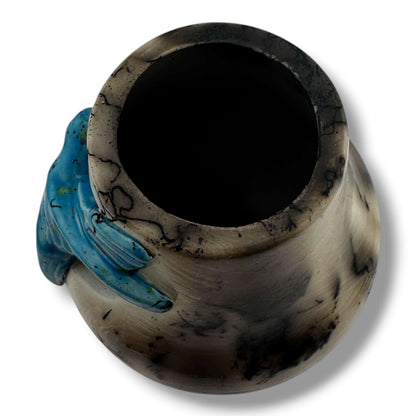 By Luna Handmade Horsehair Pottery Vase with Sculpted Blue Hummingbird - SunWest Treasures