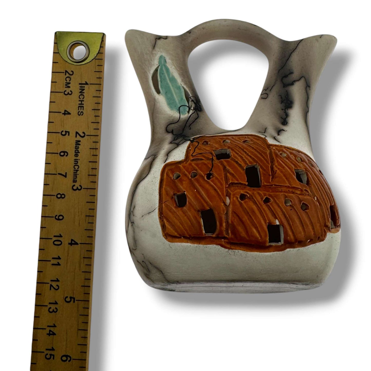 Handcrafted Small Horsehair Wedding Vase with Sculpted Pueblo By Luna - SunWest Treasures