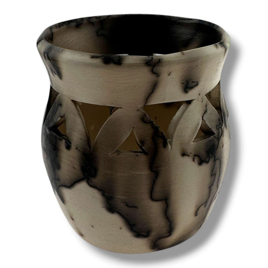 Horsehair Pottery Small Vase with Cutout Leaf Design by Luna - SunWest Treasures