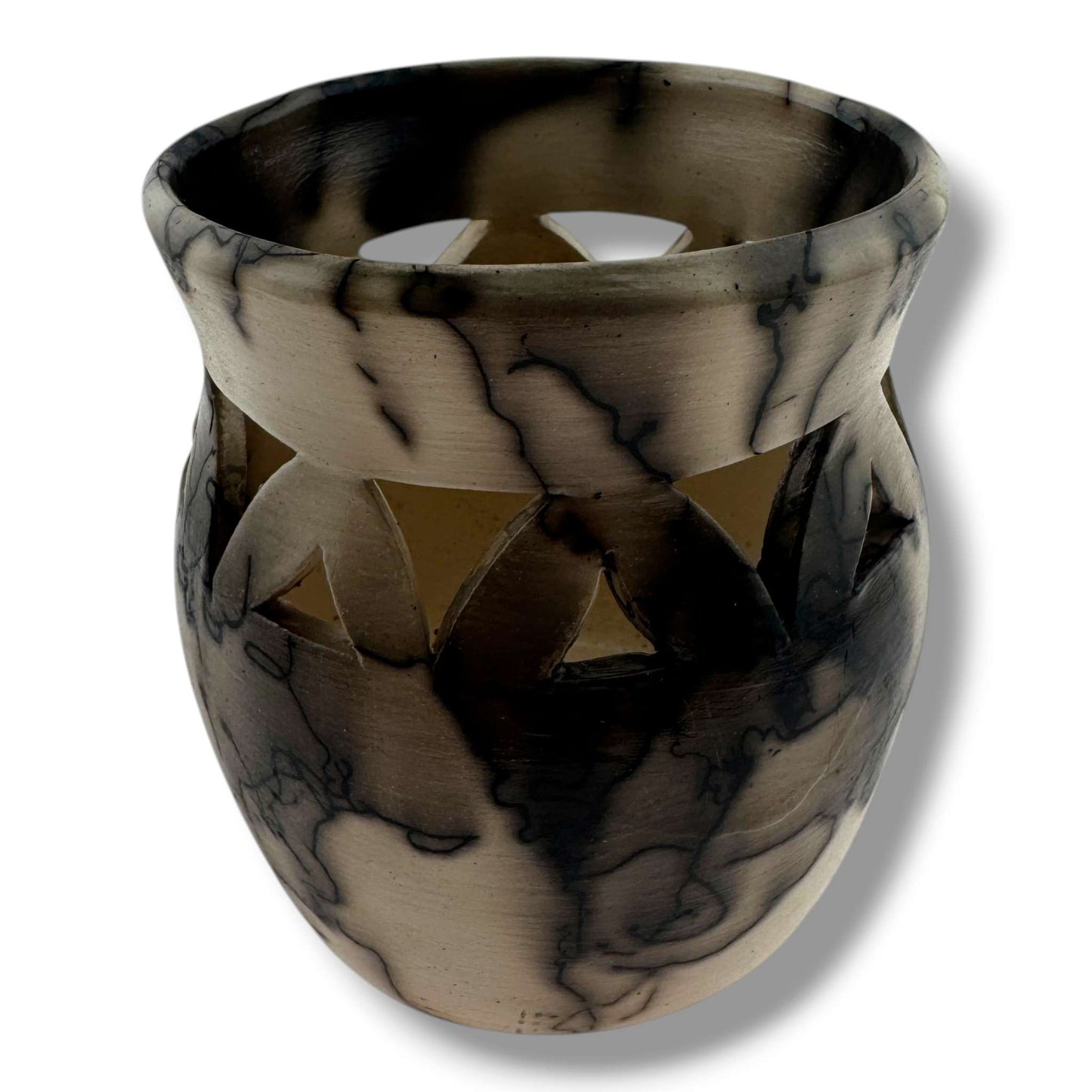 Horsehair Pottery Small Vase with Cutout Leaf Design by Luna - SunWest Treasures