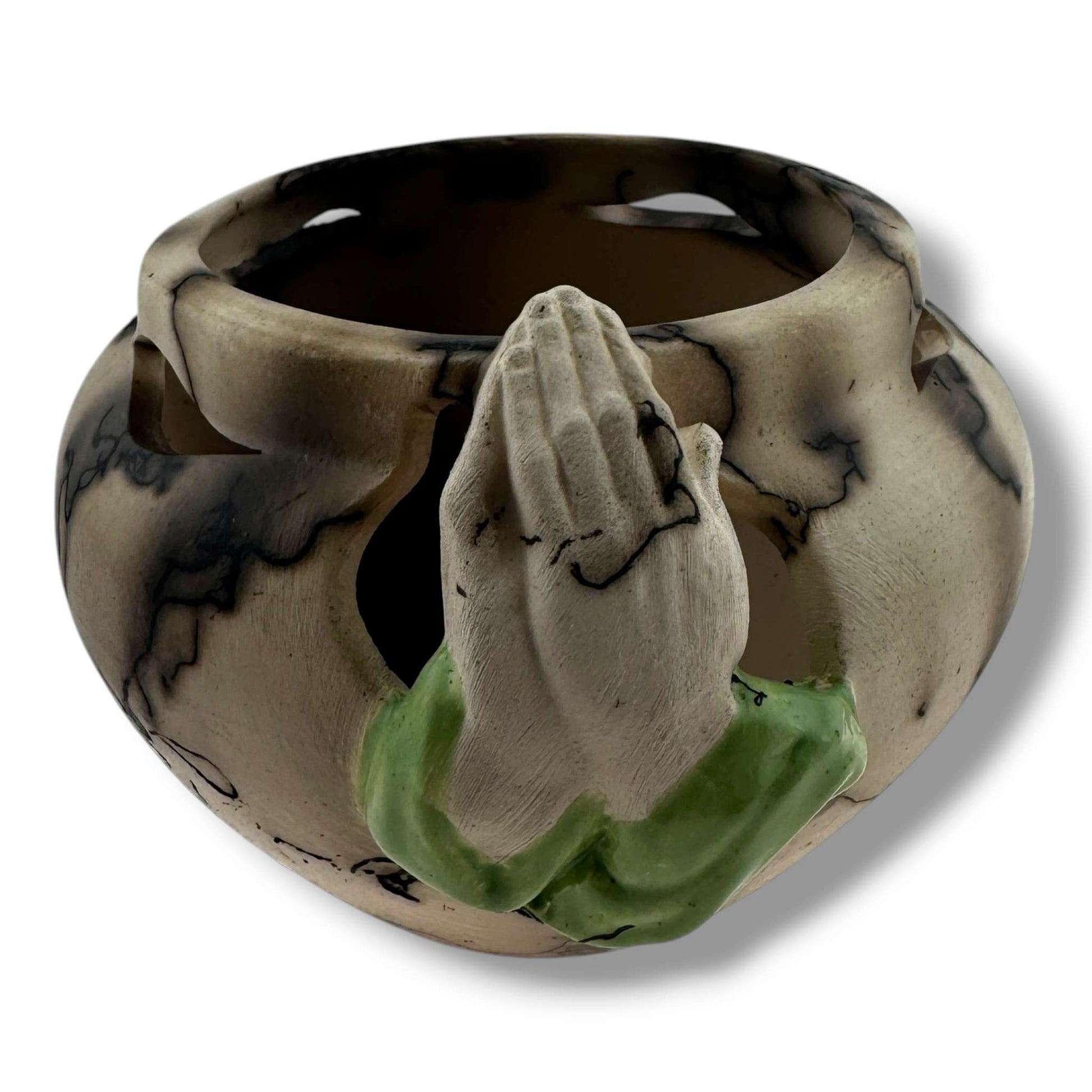 Handcrafted Horsehair Small Seed Pot with Sculpted Praying Hands by Luna - SunWest Treasures
