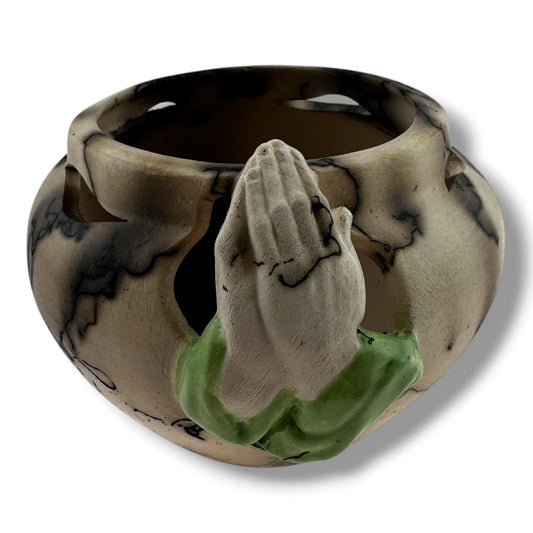 Handcrafted Horsehair Small Seed Pot with Sculpted Praying Hands by Luna - SunWest Treasures
