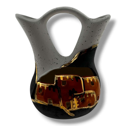 Small Wedding Vase with Sculpted Pueblo Cliff Dwelling Liquid Gold Accents by Luna - SunWest Treasures