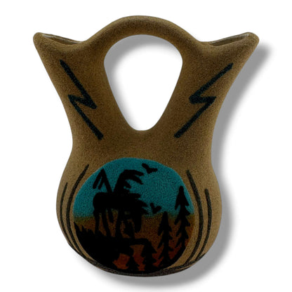 Small Handcrafted Sand Painted Wedding Vase with End of the Trail & Kokopelli Motifs - SunWest Treasures