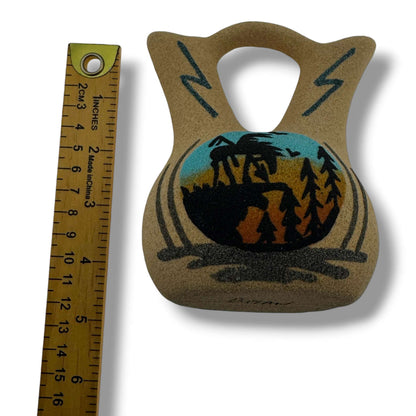 Small Handcrafted Sand Painted Wedding Vase with End of the Trail & Kokopelli Motifs - SunWest Treasures