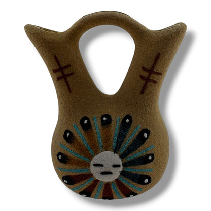 Handcrafted Sand Painted Wedding Vase with Sunface & Feather Motifs - SunWest Treasures
