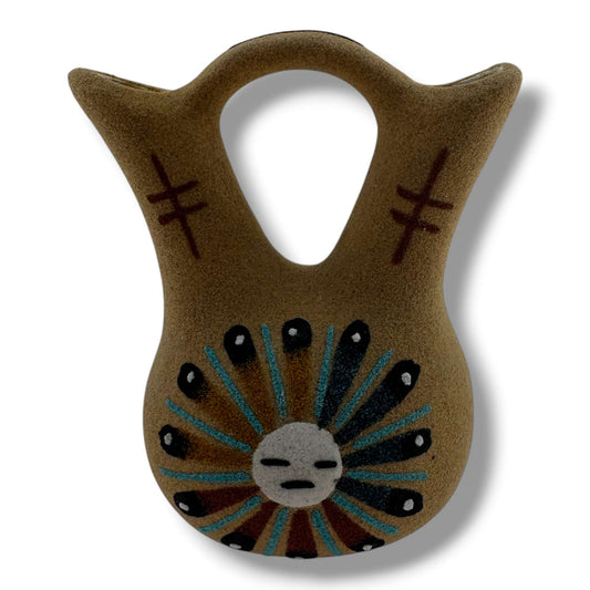 Handcrafted Sand Painted Wedding Vase with Sunface & Feather Motifs - SunWest Treasures