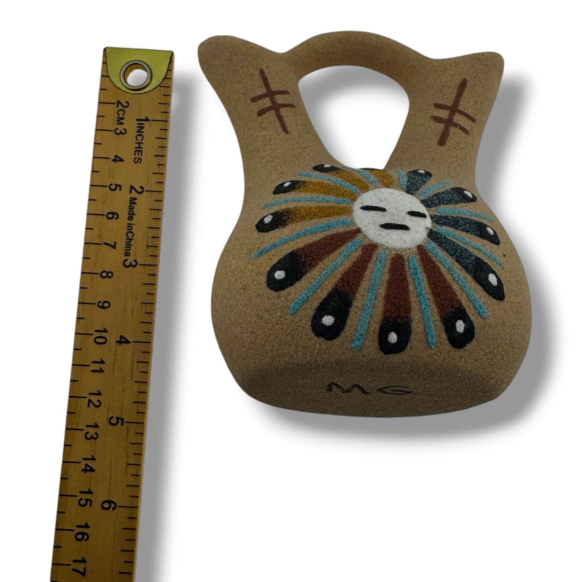 Handcrafted Sand Painted Wedding Vase with Sunface & Feather Motifs - SunWest Treasures