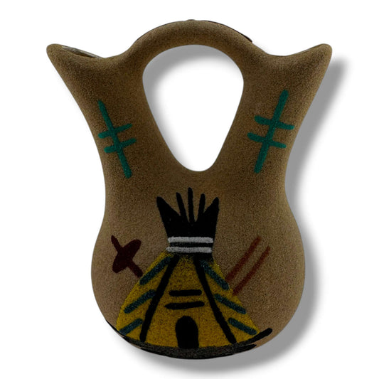 Small Handcrafted Sand Painted Wedding Vase with Teepee & Monument Valley Motifs - SunWest Treasures