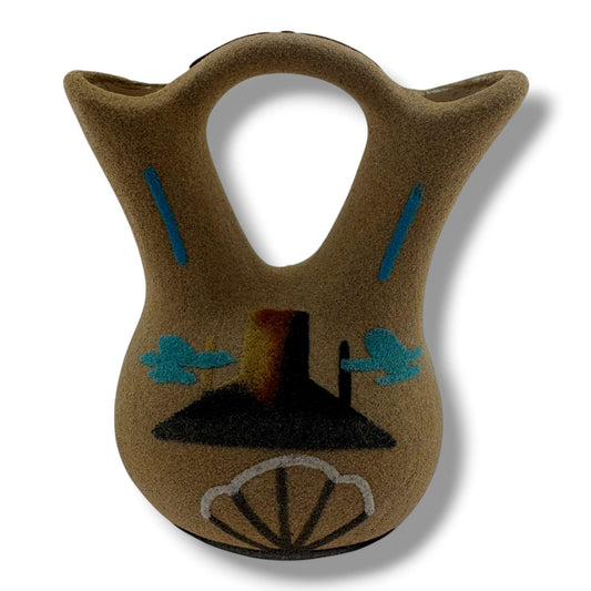 Small Handcrafted Sand Painted Wedding Vase with Teepee & Monument Valley Motifs - SunWest Treasures