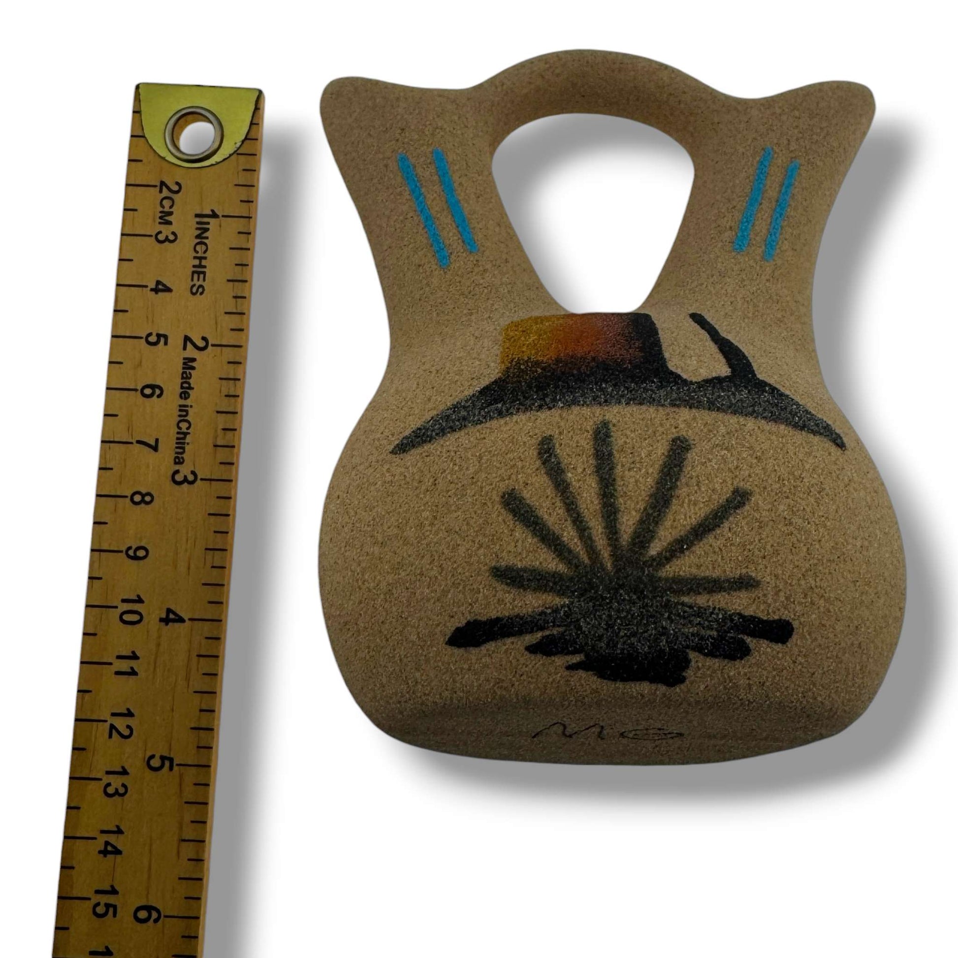 Handcrafted Sand Painted Small Wedding Vase with Blue Turtle & Canyon Motifs - SunWest Treasures